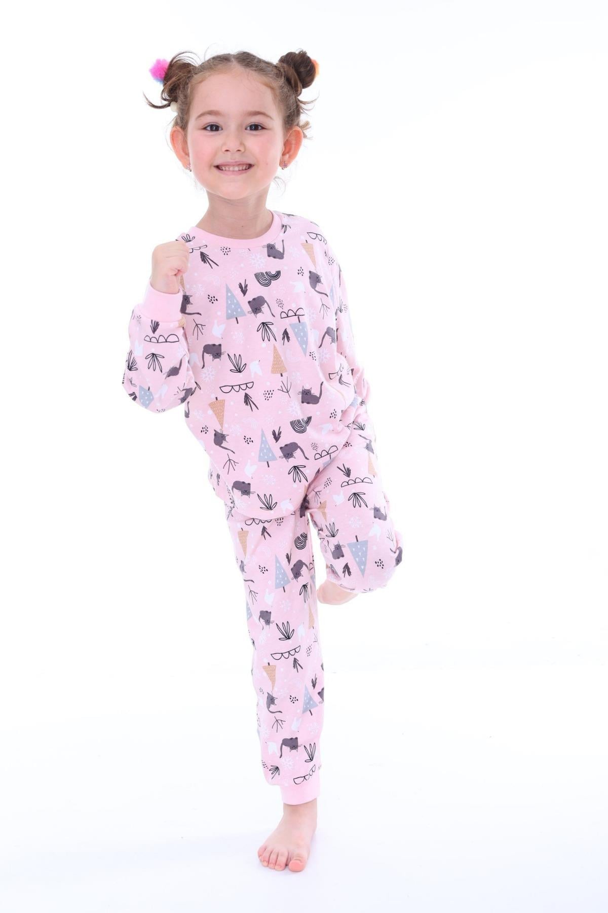 3-8 Yaş Kız Çocuk Kedili Pijama Takımı Pembe