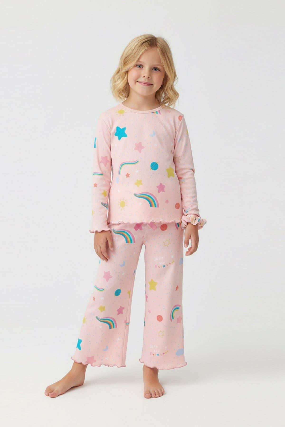 3-8 Yaş Kız Çocuk Tokalı Gökkuşağı Pijama Takım
