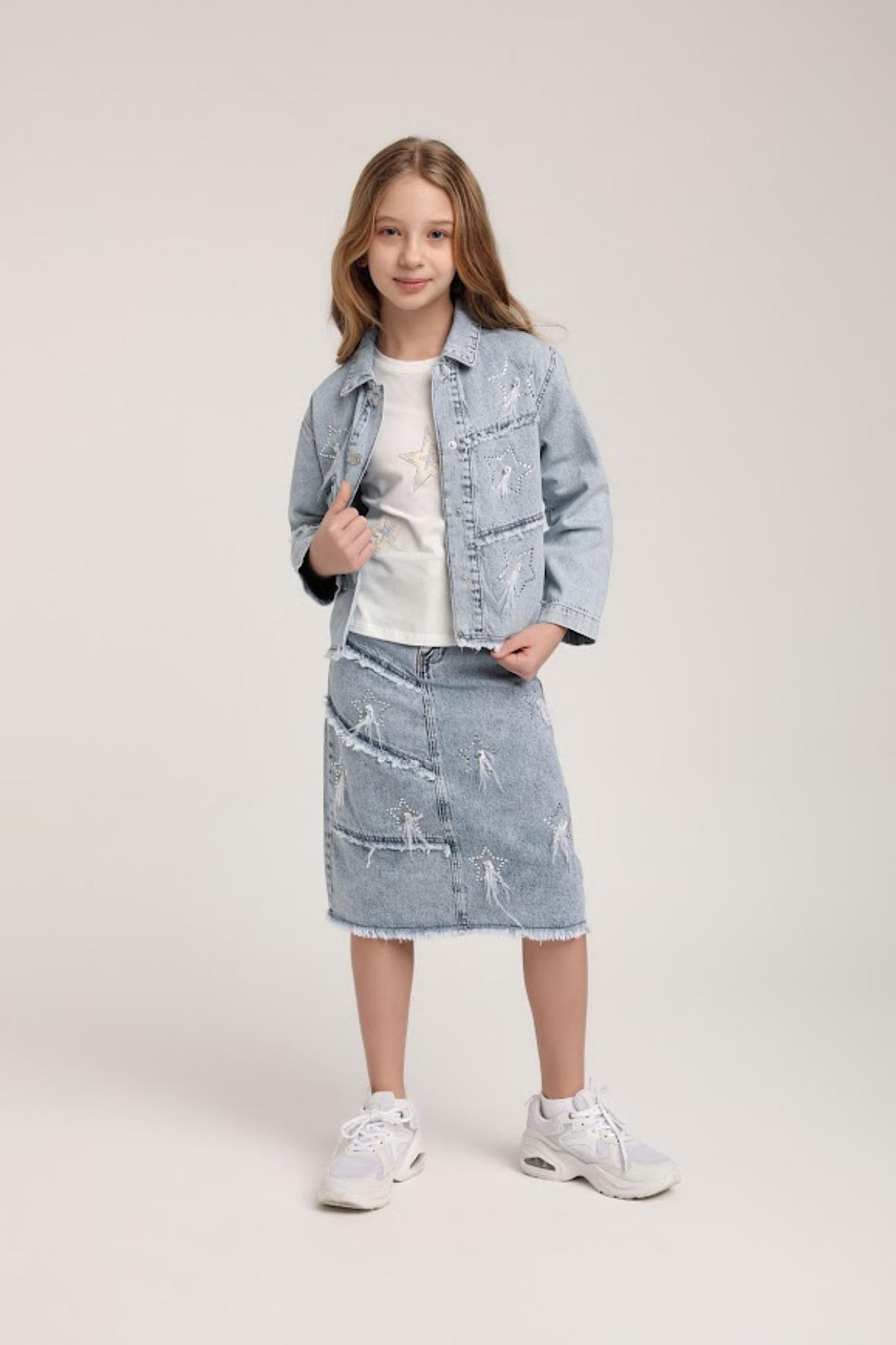 4-14 Kız Çocuk Yıldızlı Denim Ceket
