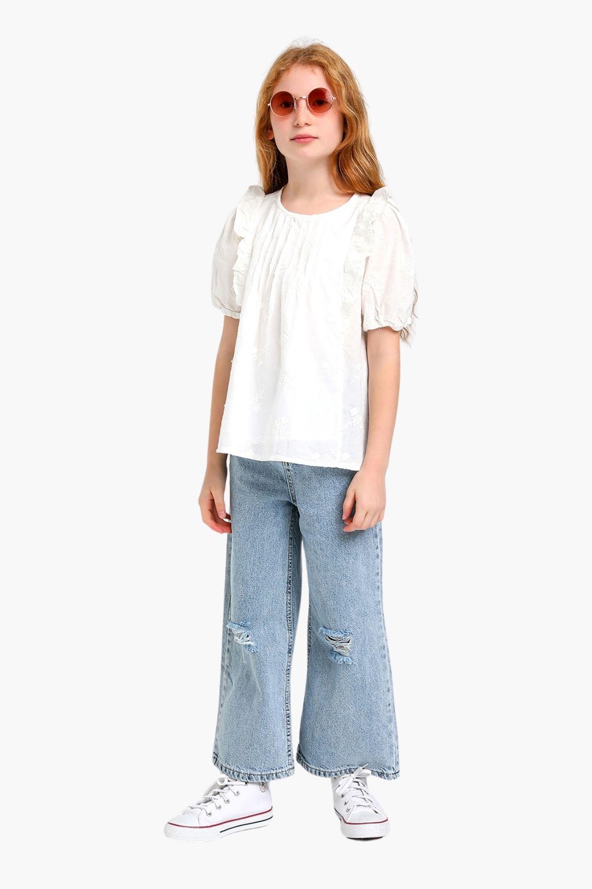 4-14 Yaş Kız Çocuk Palazzo Denim Pantolon Mavi