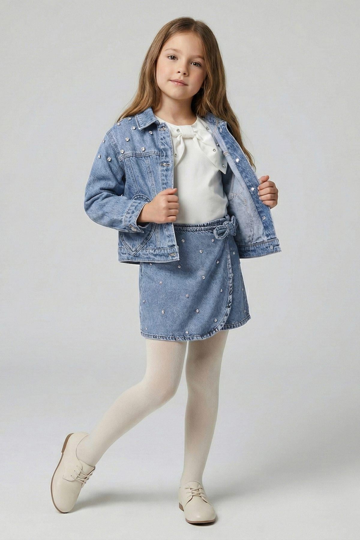 4-9 Yaş Kız Çocuk Taşlı Denim Ceket