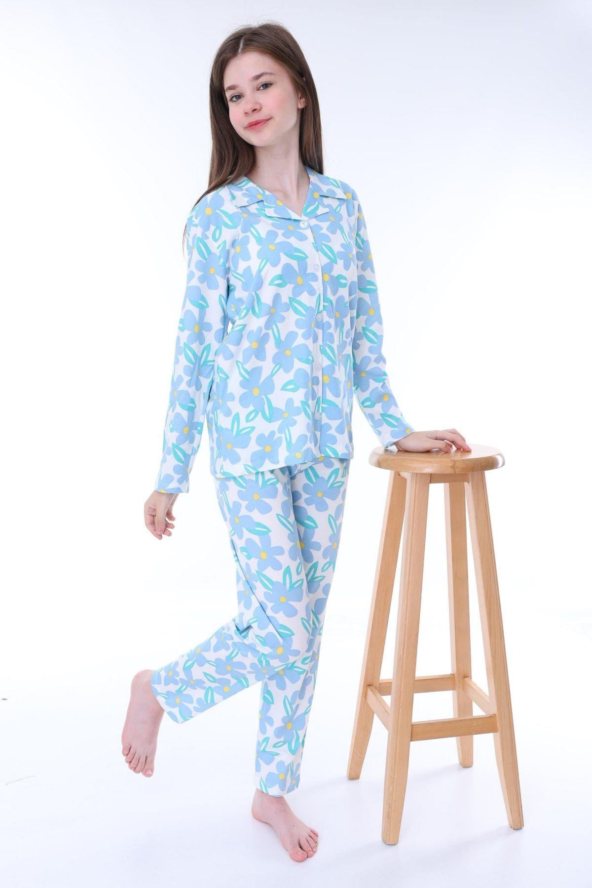 7-12 Yaş Kız Çocuk Çiçekli Pijama Takımı Mavi