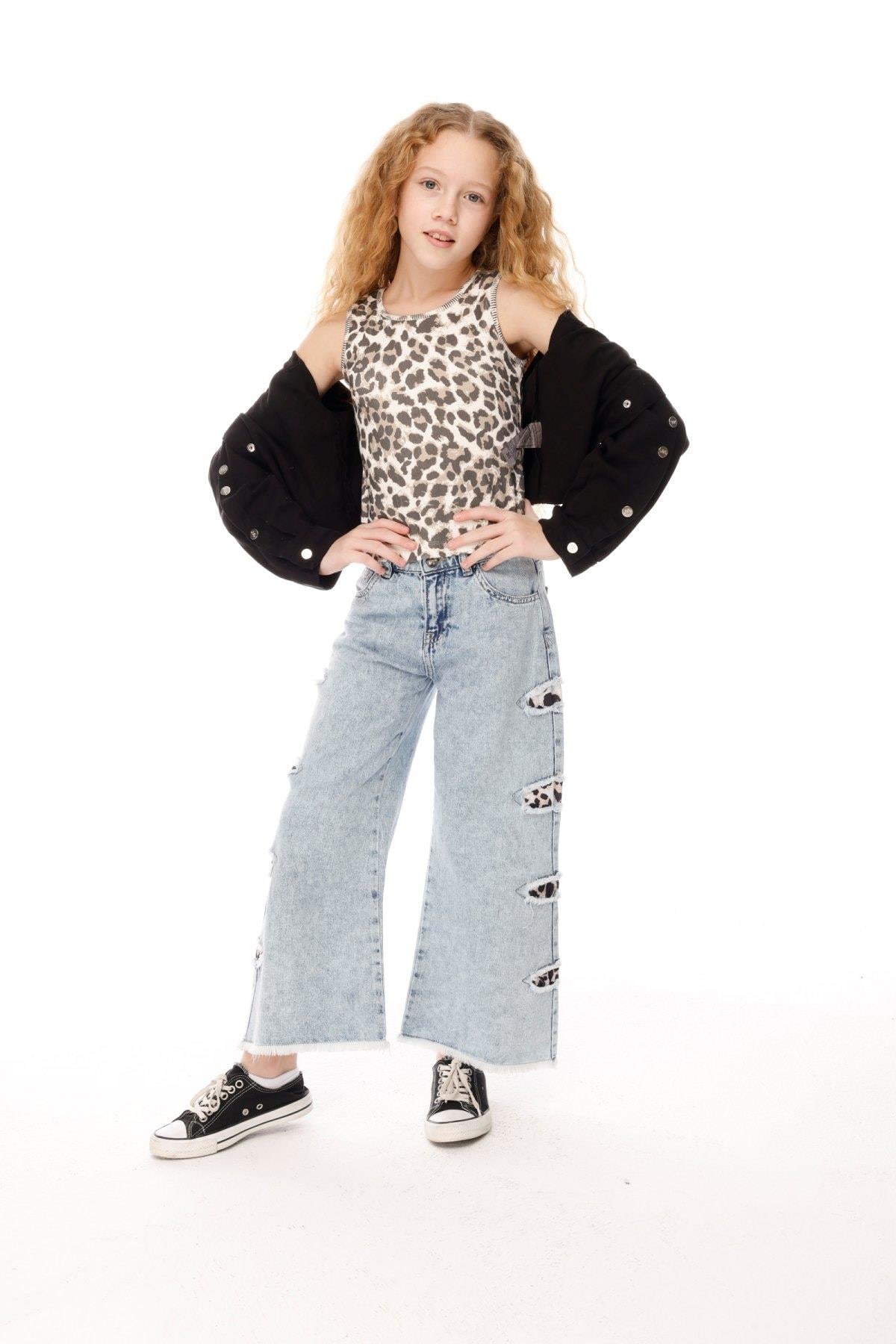 7-14 Yaş Kız Çocuk Leopar Parçalı Denim Pantolon