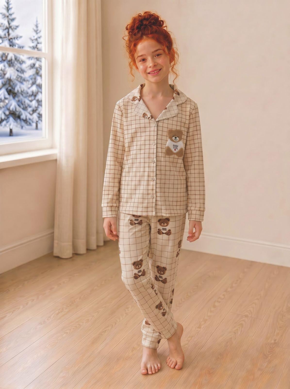 9-13 Yaş Kız Çocuk Düğmeli Pijama Takım