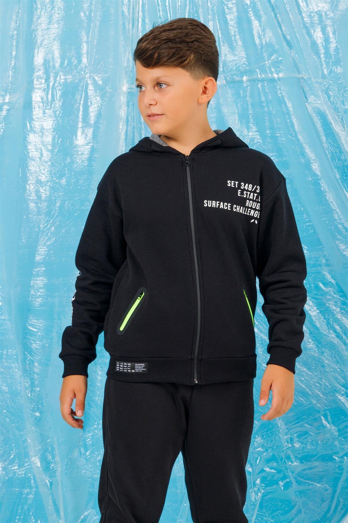 9-14 Yaş Erkek Çocuk  Kapşonlu Fermuarlı Sweat Siyah