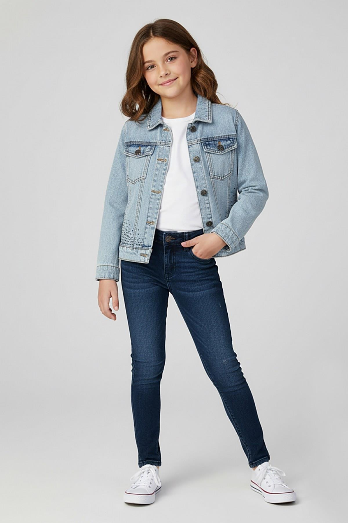 9-14 Yaş Kız Çocuk Taşlı Denim Ceket
