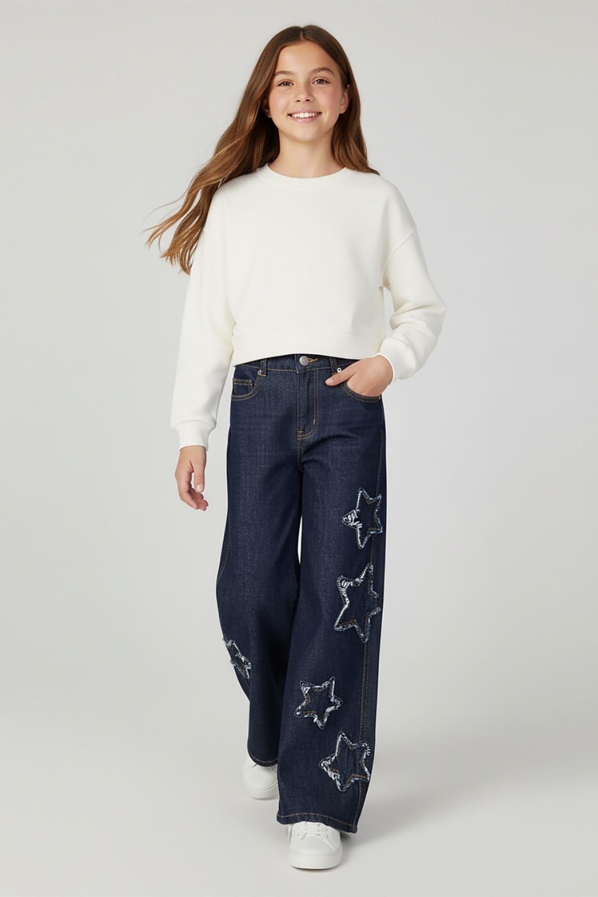 9-14 Yaş Kız Çocuk Yıldız  Denim Pantolon