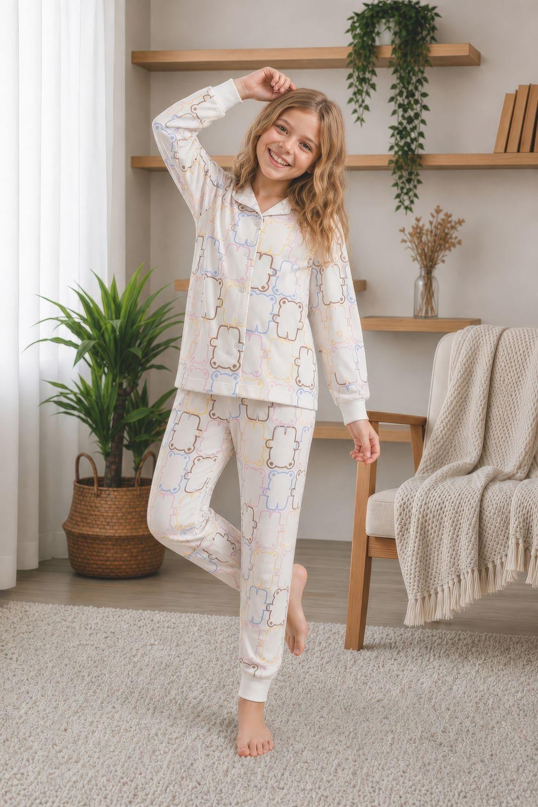 10-11 Yaş Kız Çocuk Düğmeli Pijama Takım
