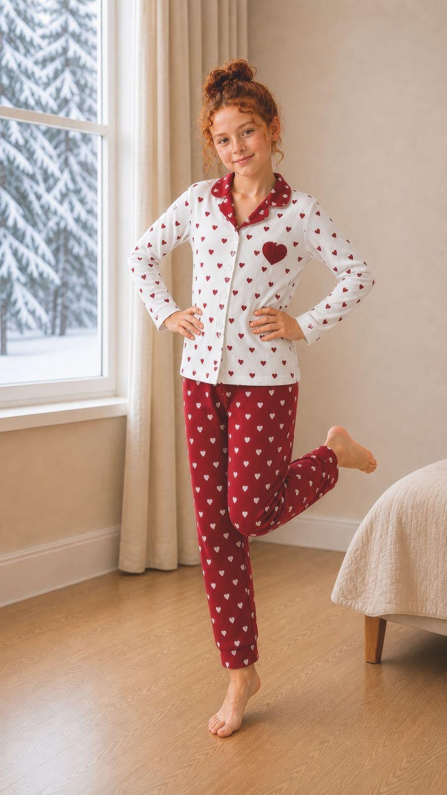 10-15 Yaş Kız Çocuk Kalpli Düğmeli Pijama Takım