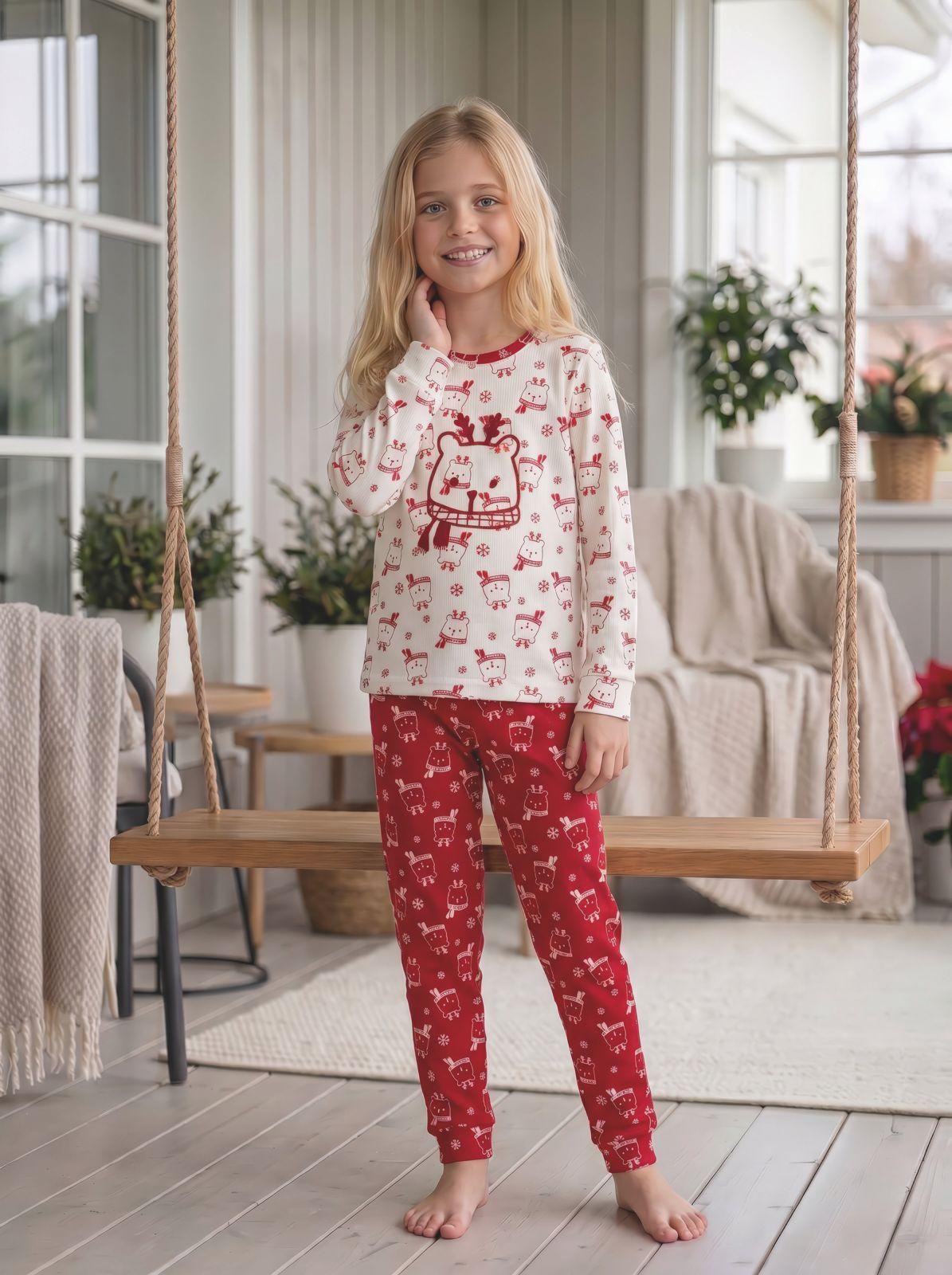 11-16 Yaş Kız Çocuk Ayı Nakışlı Pijama Takım