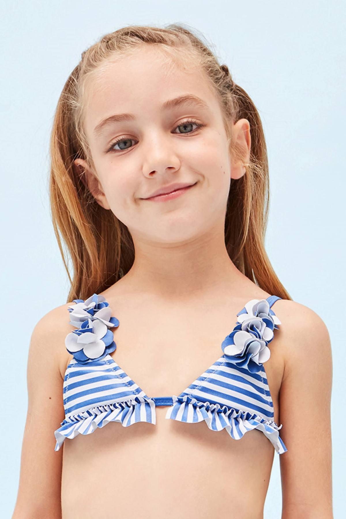 2-9 Yaş Kız Çocuk Çiçekli Bikini Set Mavi