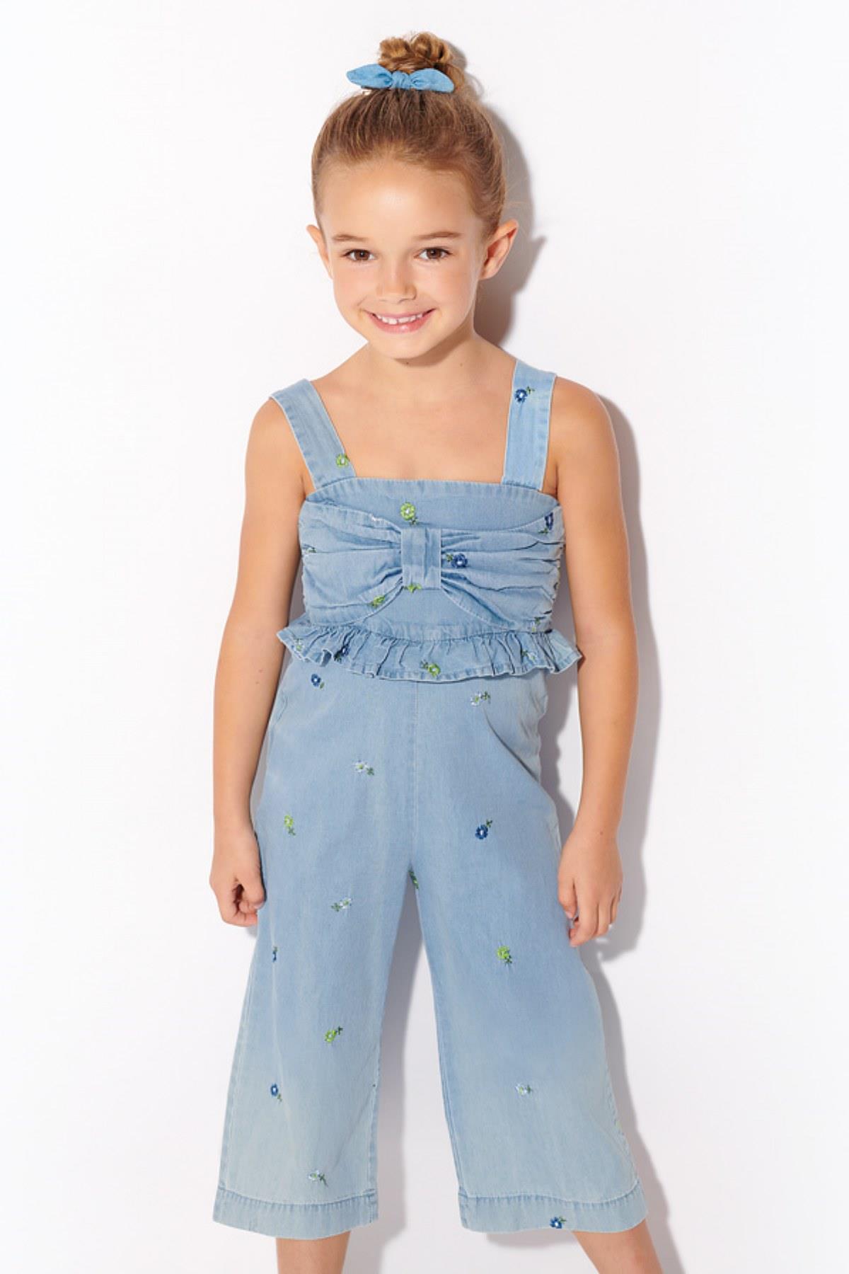 2-9 Yaş Kız Çocuk Çiçekli Denim Tulum