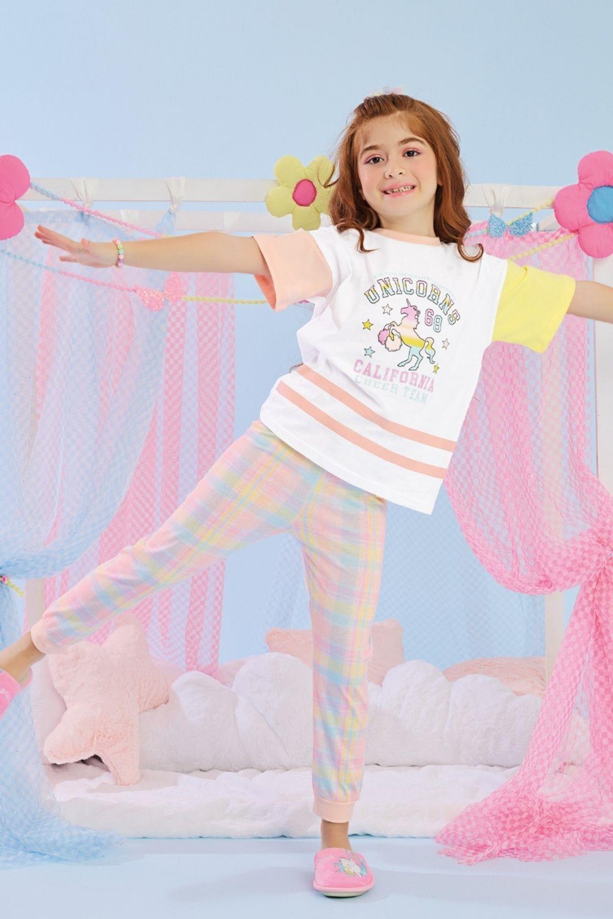 3-10 Yaş Kız Çocuk Alkız Yarım Kollu Pijama Takım Pembe
