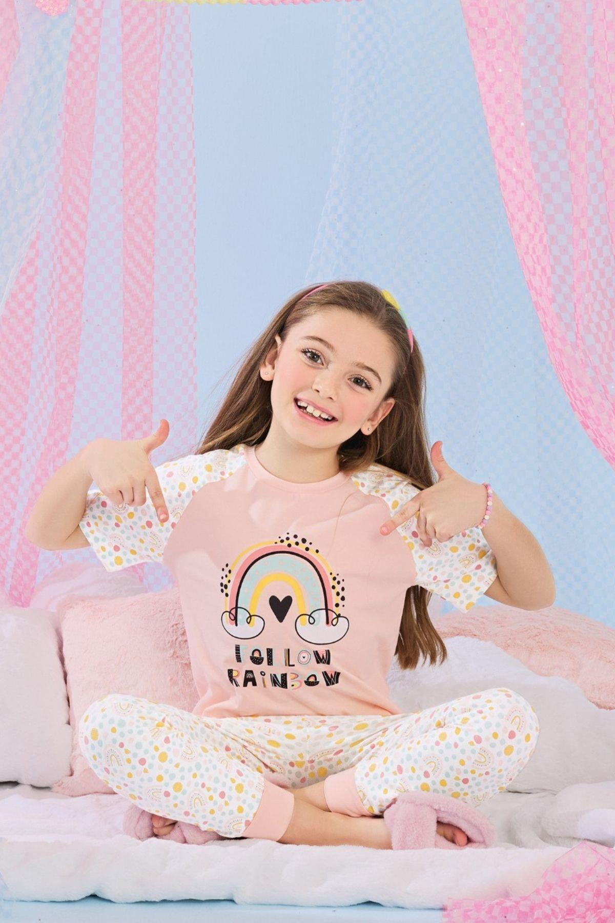 3-10 Yaş Kız Çocuk Belove Yarım Kollu Pijama Takım Pudra