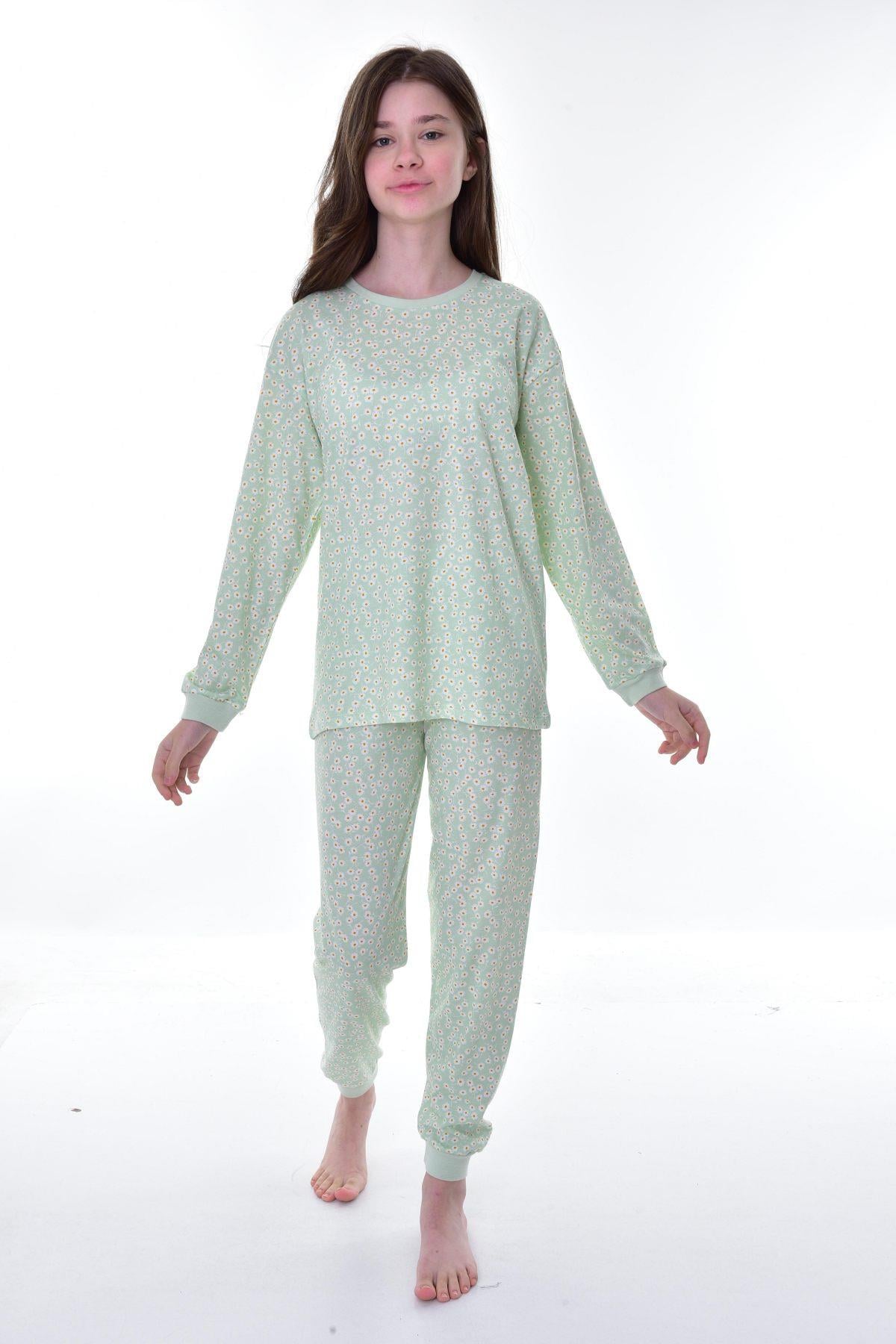 3-12 Yaş Kız Çocuk Papatya Pijama Takımı Mint