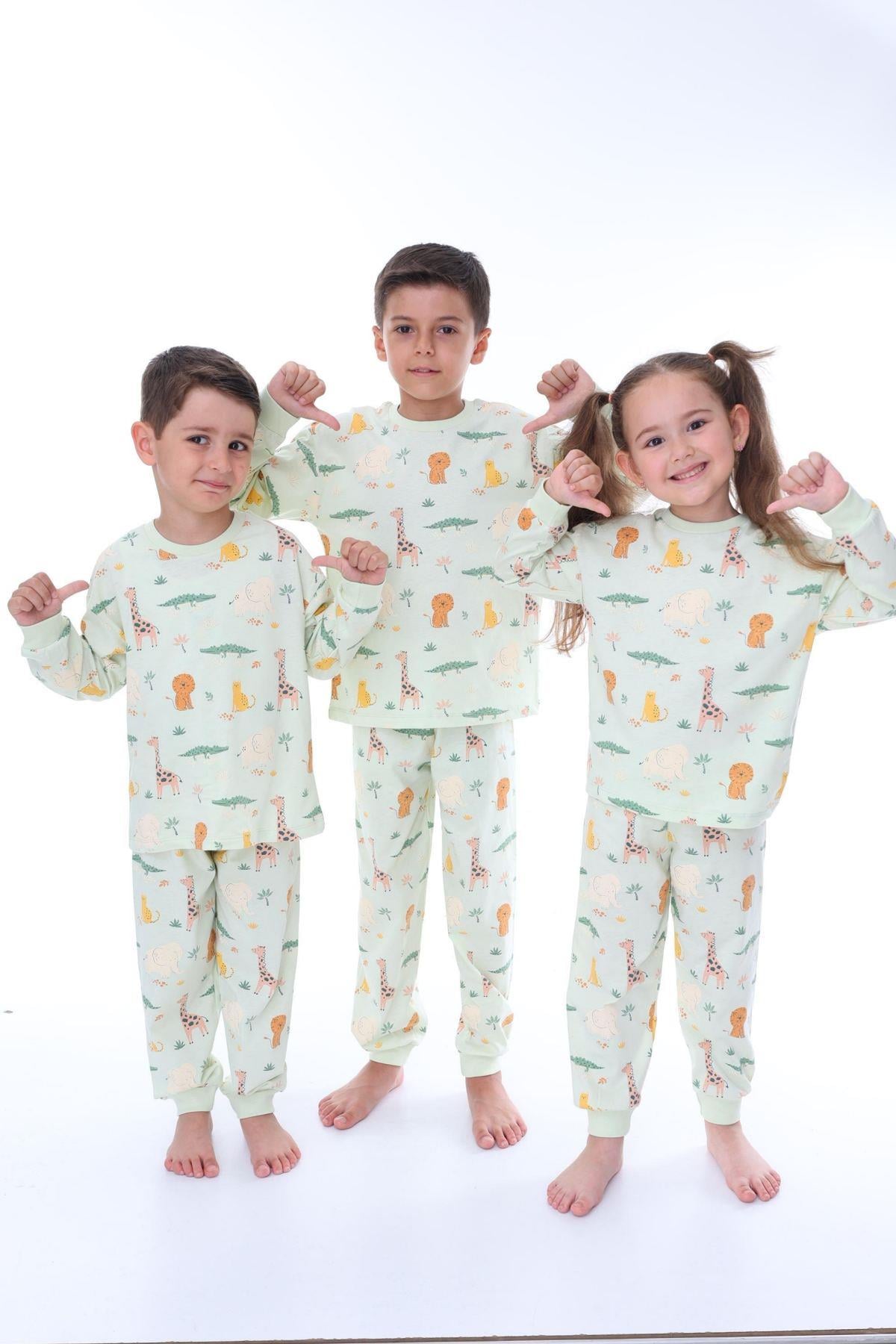 3-8 Yaş Kız Çocuk Safari Pijama Takımı Mint