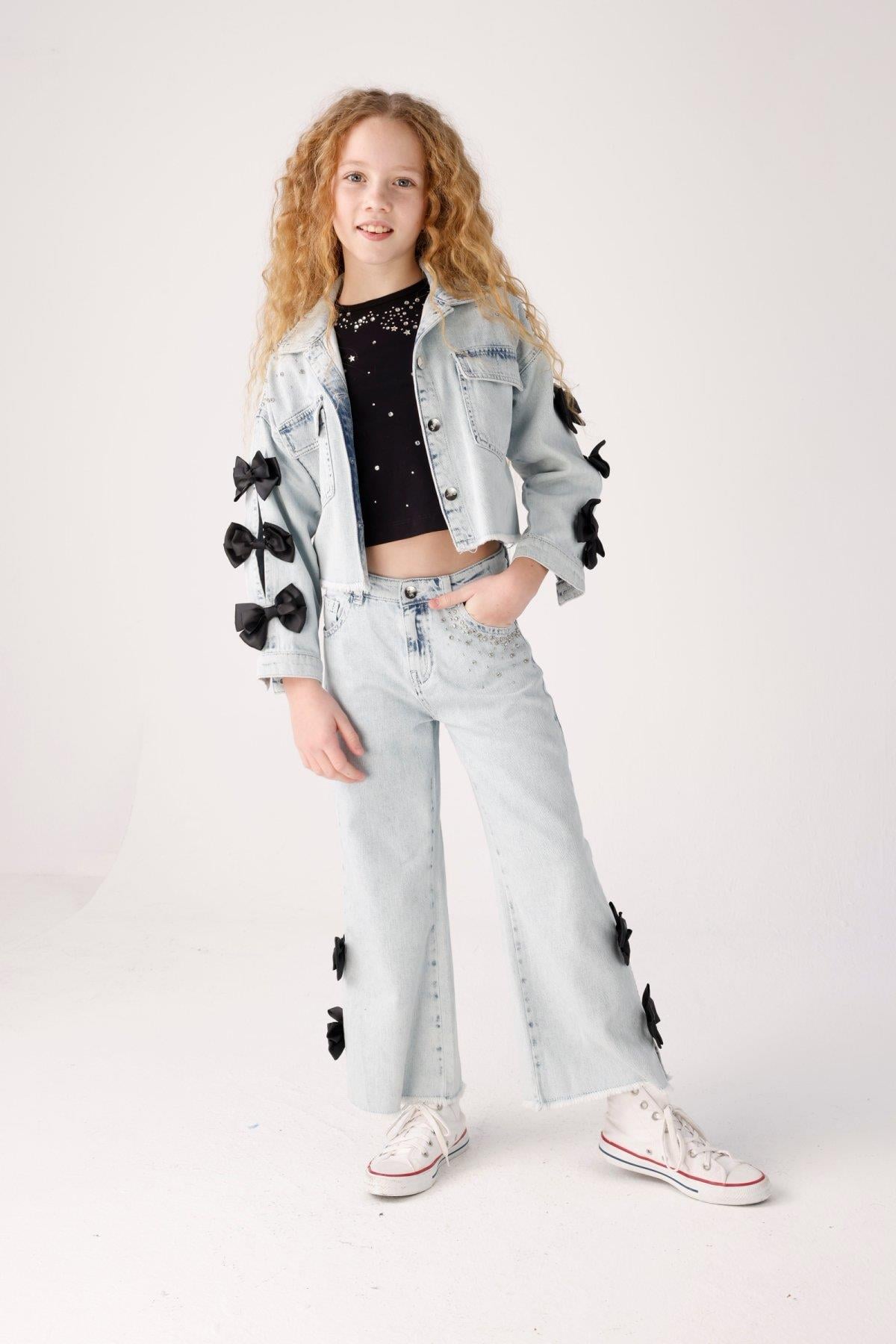 3-8 Yaş Kız Çocuk Taşlı Fiyonklu Denim Ceket