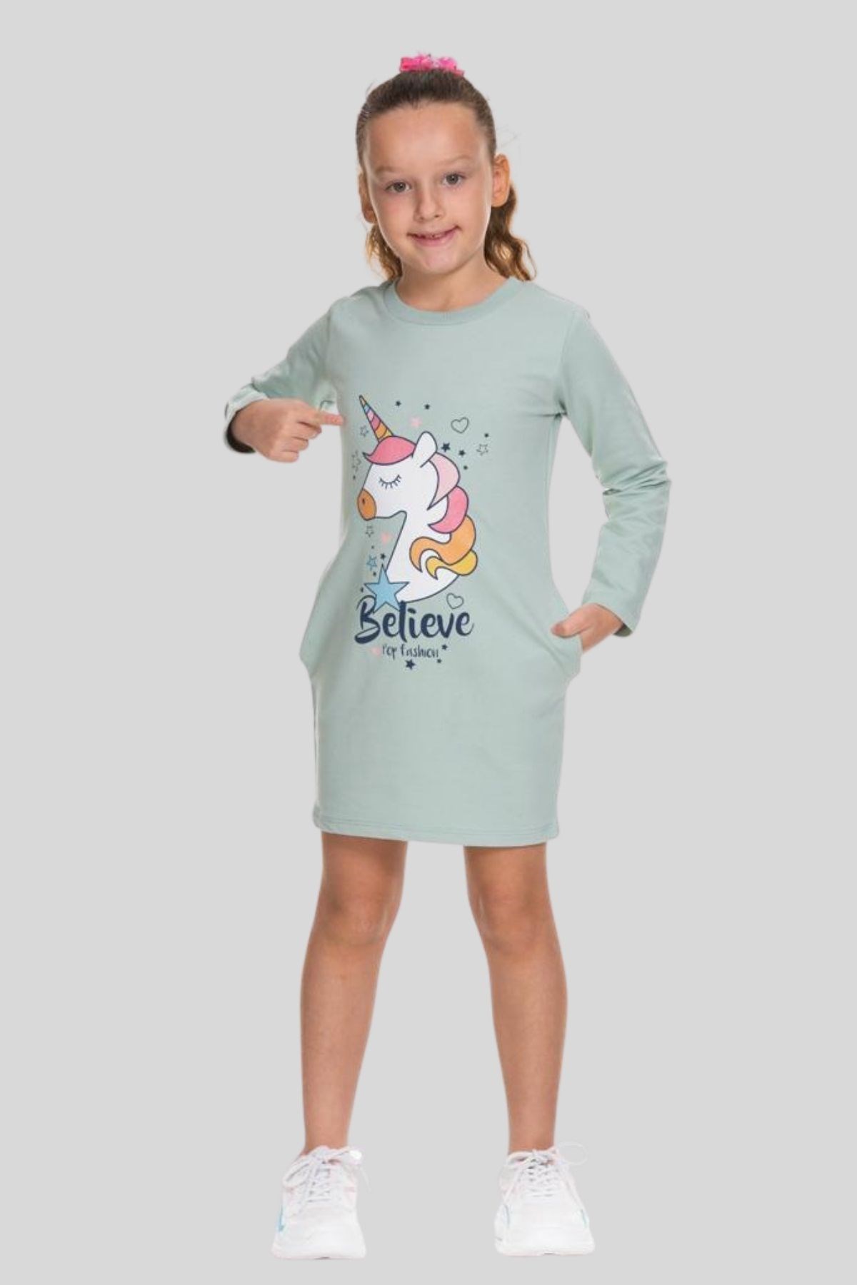 3-8 Yaş Kız Çocuk Unicorn Sweat Elbise Mint