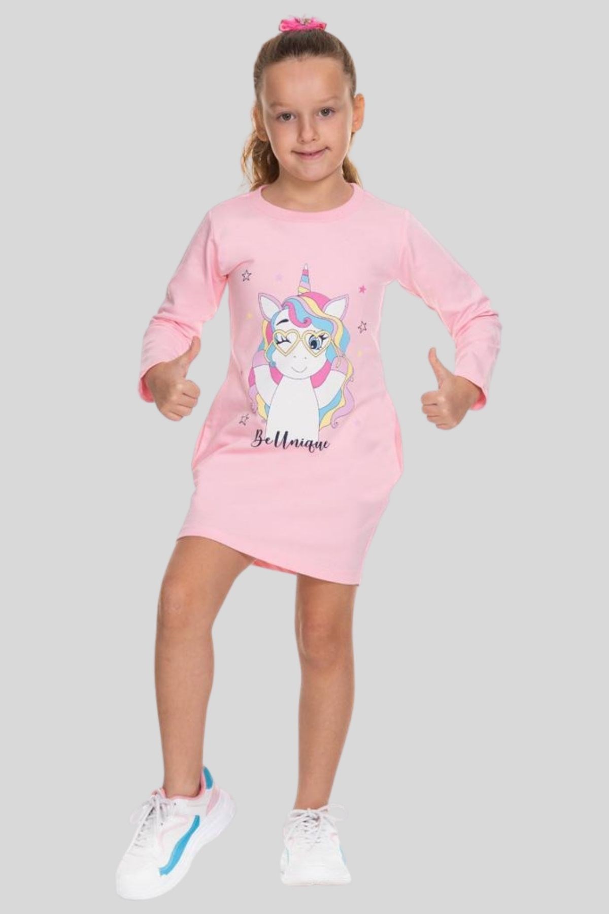 3-8 Yaş Kız Çocuk Unicorn Sweat Elbise Pembe