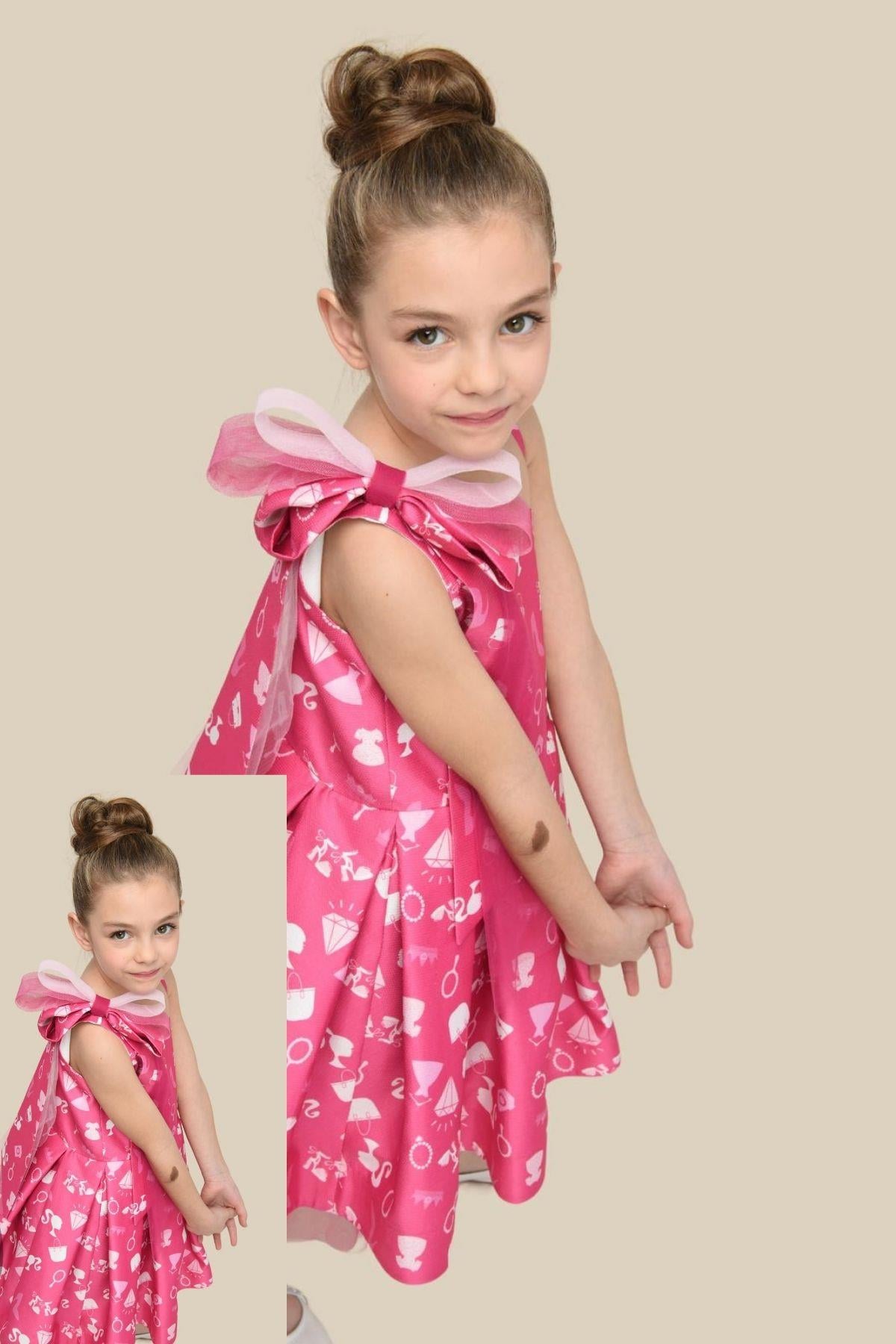 4-8 Yaş Kız Çocuk Tek Omuz Pembe Abiye