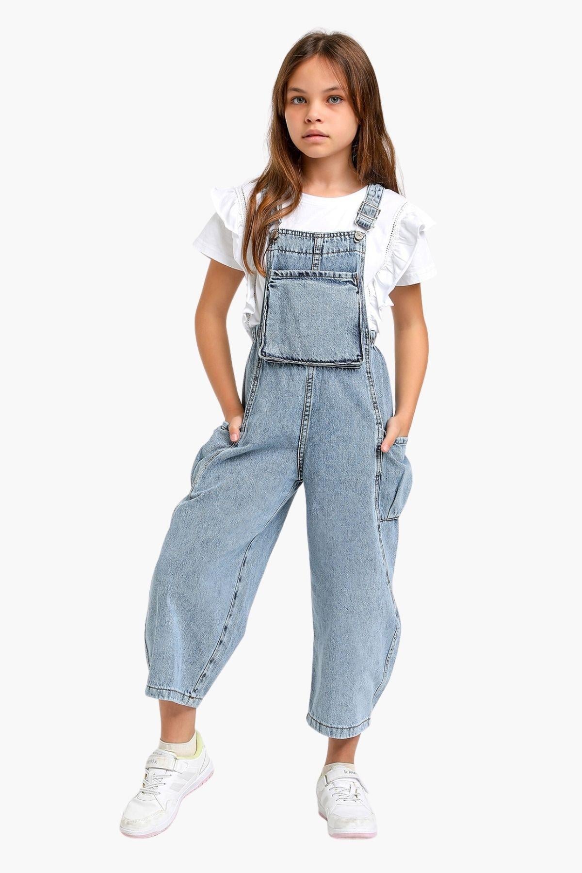 4-9 Yaş Kız Çocuk Denim Salopet Mavi