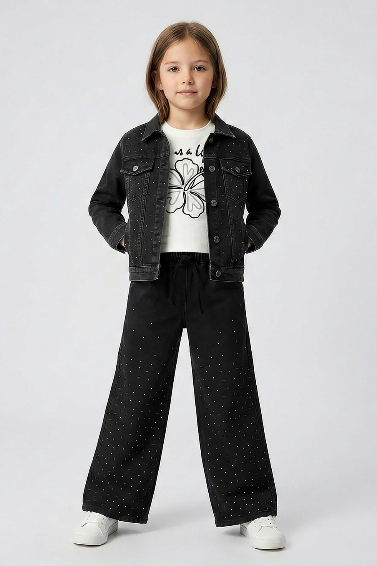4-9 Yaş Kız Çocuk Taşlı Denim Pantolon