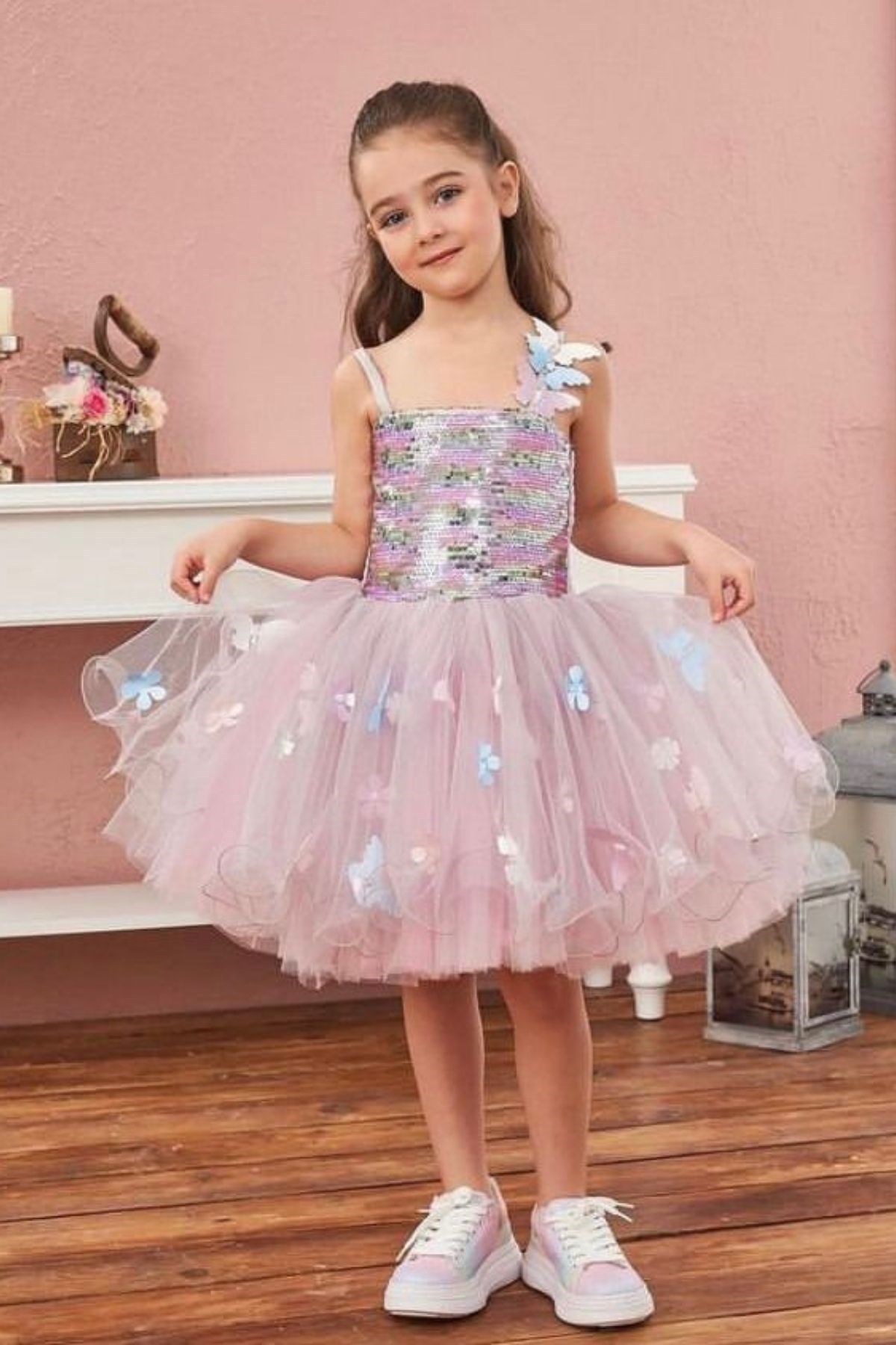 6-10 YAŞ KIZ ÇOCUK KELEBEKLİ ABİYE PEMBE