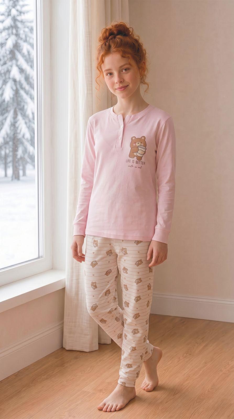 6-16 Yaş Kız Çocuk  Düğmeli Pijama Takım