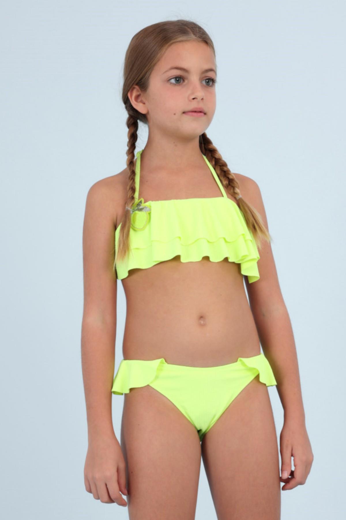 8-14 Yaş Kız Çocuk Fırfırlı Bikini Set Sarı