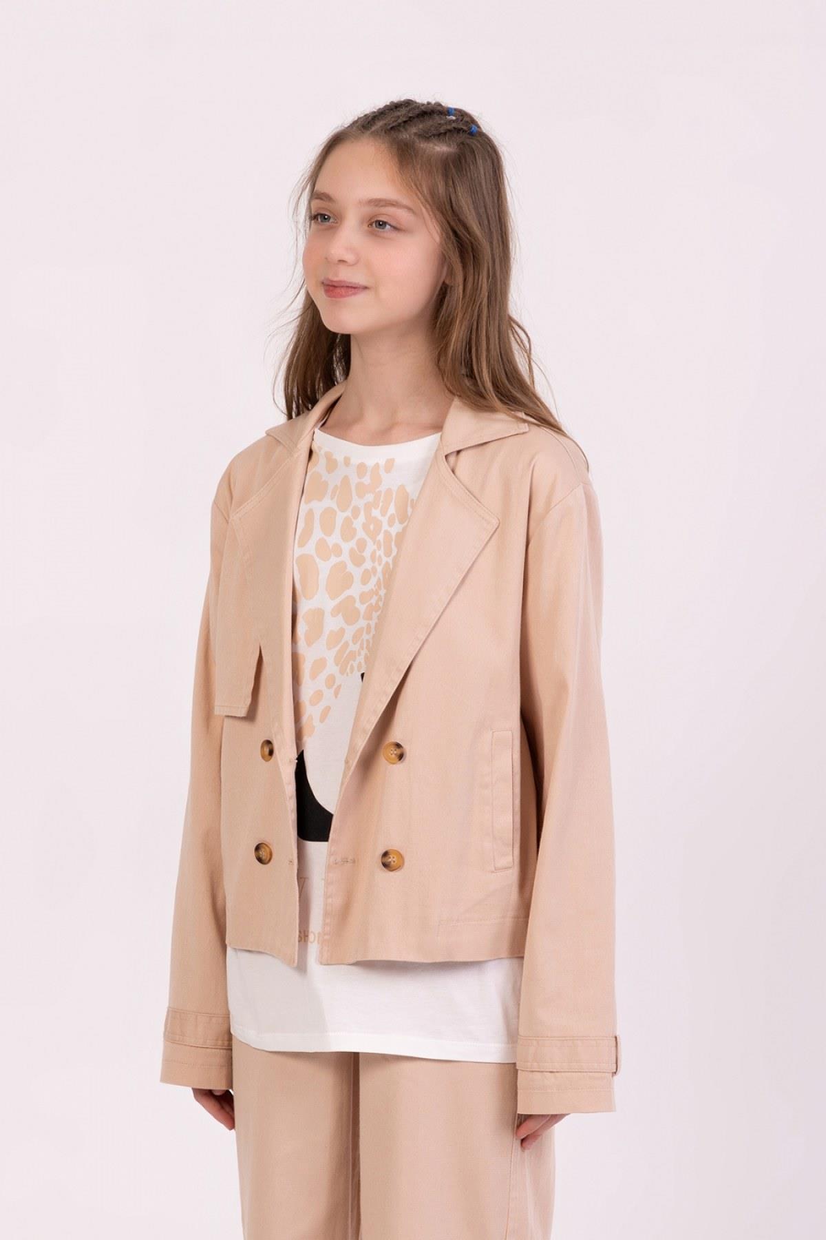 9-14 Yaş Kız Çocuk Gabardin Ceket Bej