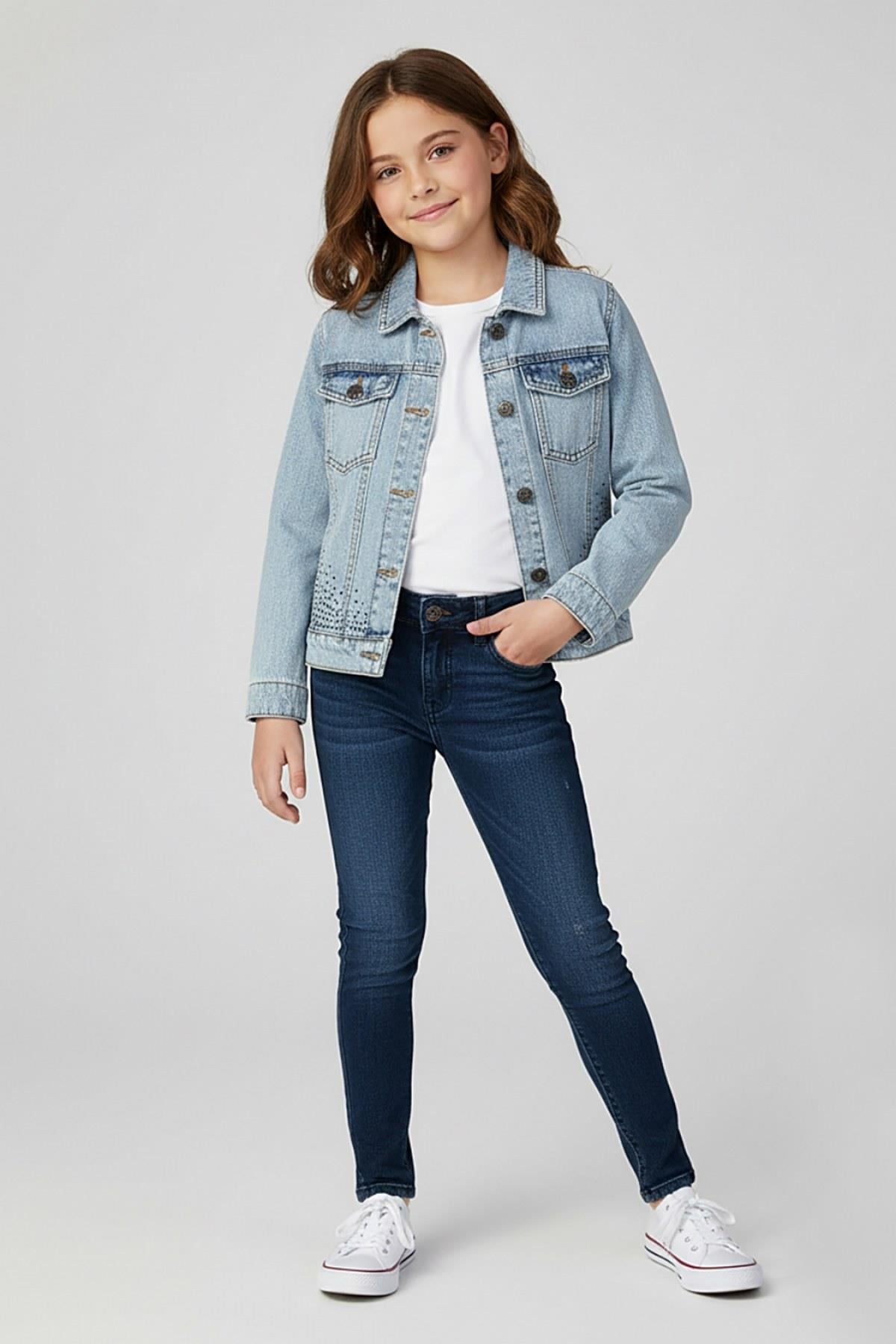 9-14 Yaş Kız Çocuk Taşlı Denim Ceket