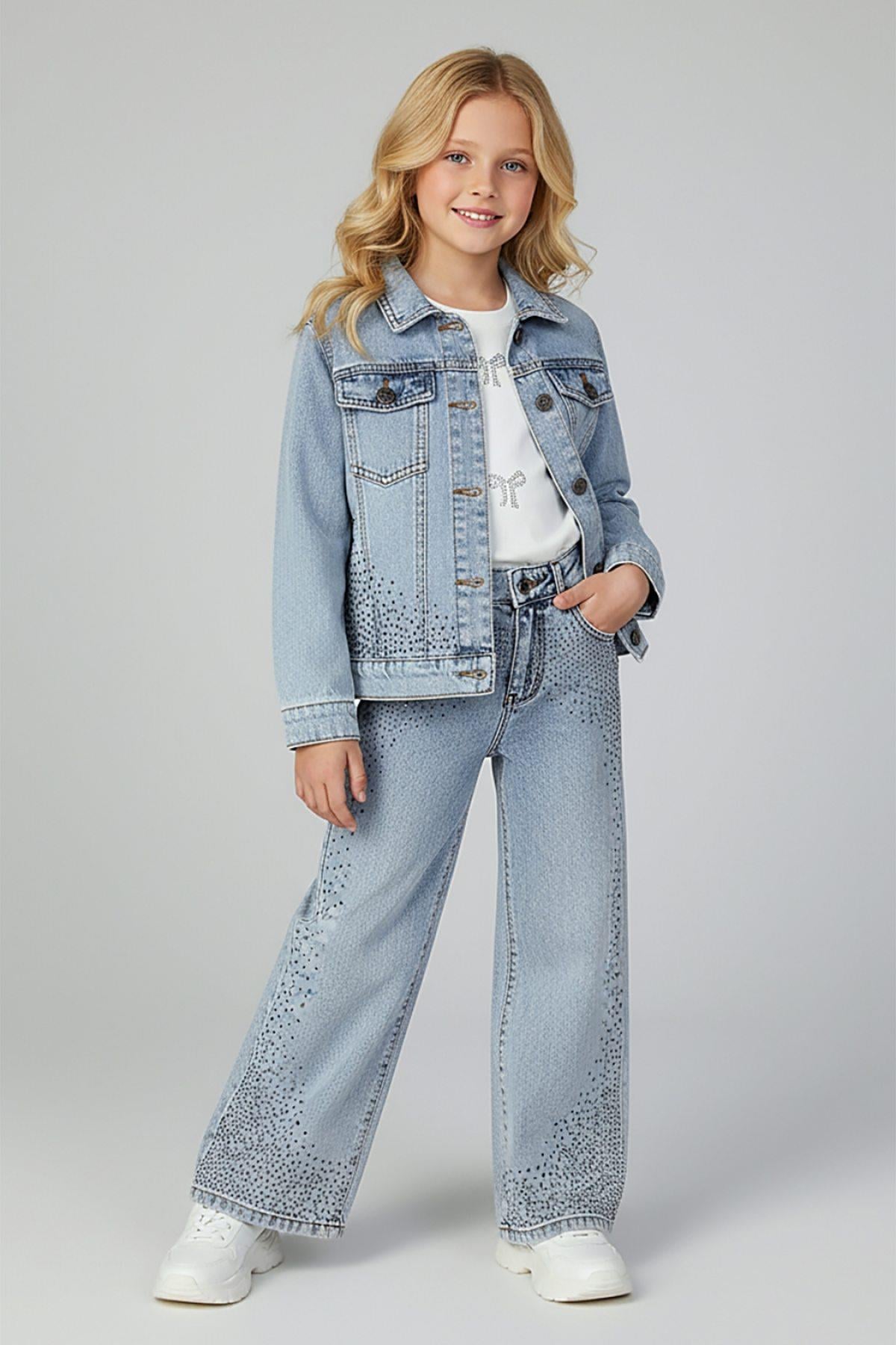 9-14 Yaş Kız Çocuk Taşlı Denim Pantolon