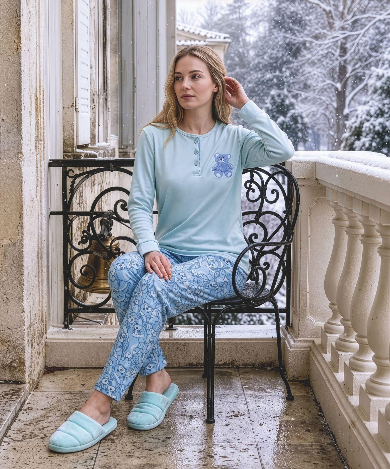 Kadın Ayıcıklı Pijama Takım Mavi