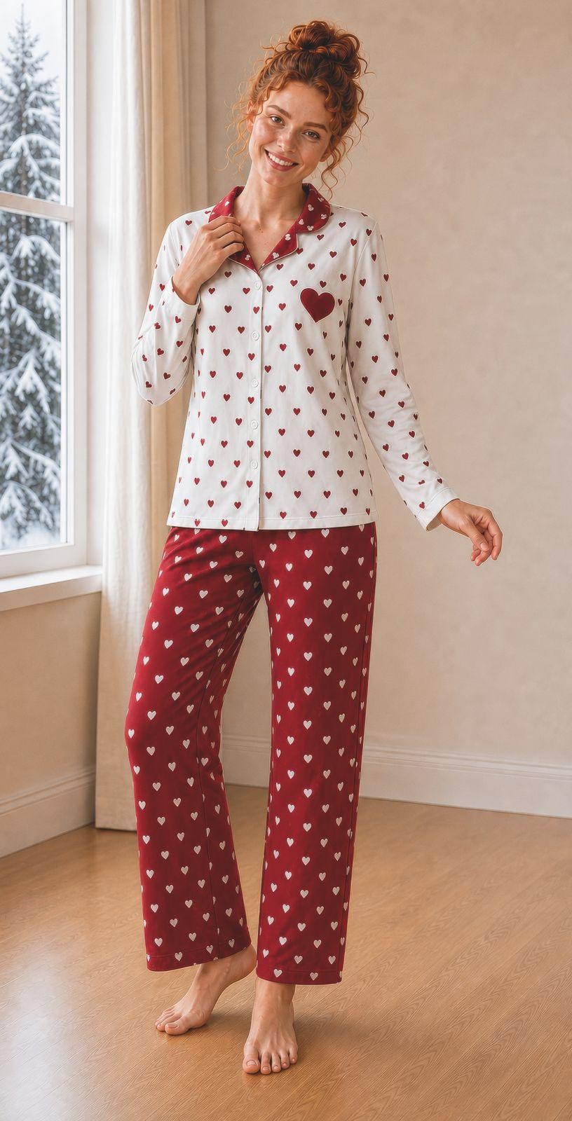 Kadın Kalpli Düğmeli Pijama Takım