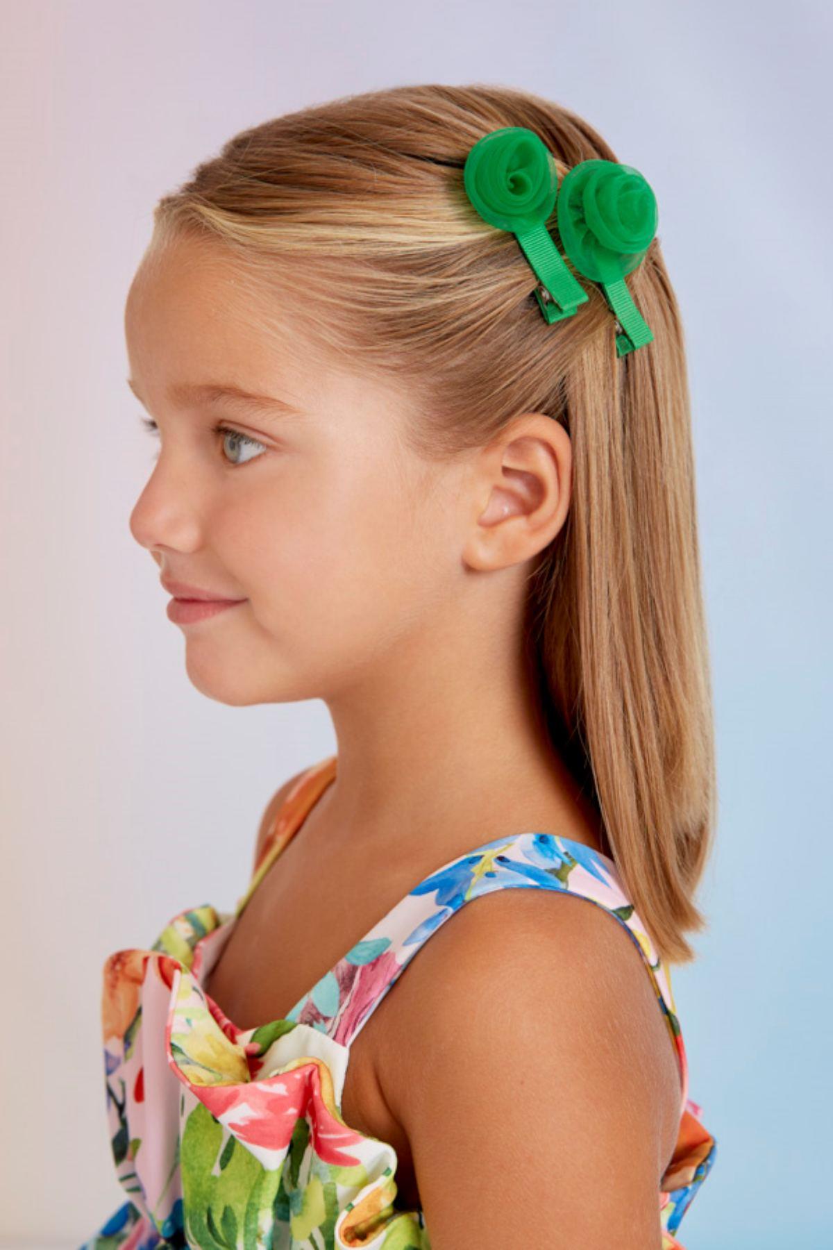 Kız Çocuk Çiçekli Klips Saç Tokası Yeşil