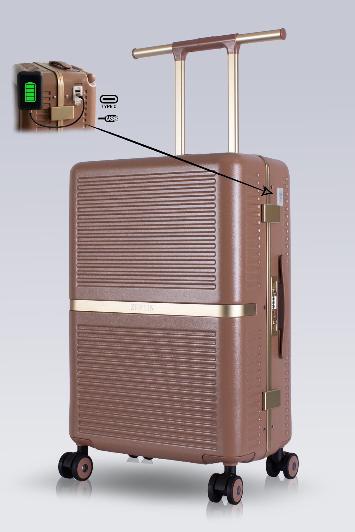Zeplin Nora PC Policarbon USB & Type-C Şarj Girişli Orta Boy Valiz Karamel