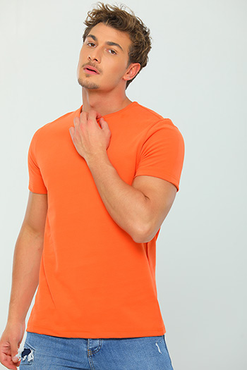 Açık orange Erkek Likralı Bisiklet Yaka Basic T-shirt 472765