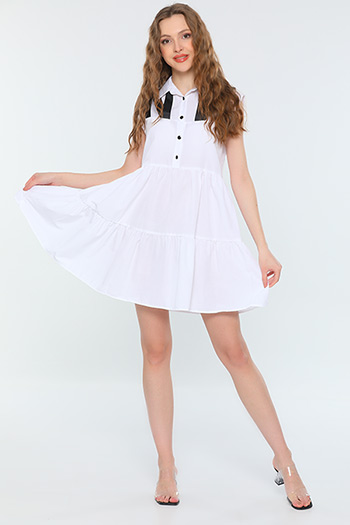 Beyaz Kadın Gömlek Yaka Sıfır Kollu Eteği Katlı Salaş Mini Elbise 480023