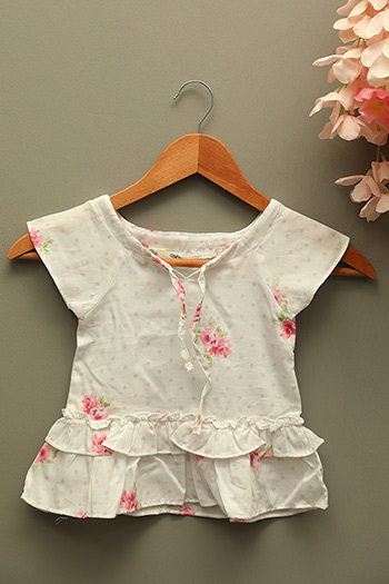 Beyaz Kız Bebek Bisiklet Yaka Bağlamalı Çiçek Baskılı Elbise 484841