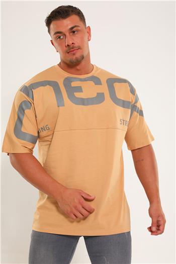 Erkek Bisiklet Yaka Baskılı Oversize T-shirt Açık Camel 498811
