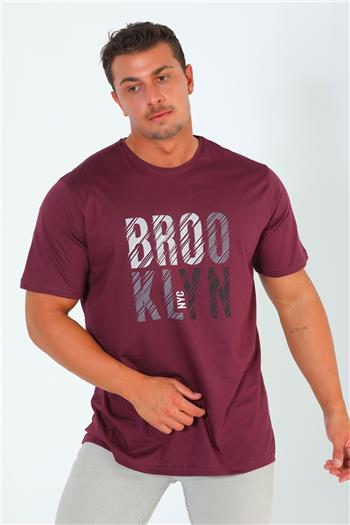 Erkek Bisiklet Yaka Brooklyn Baskılı T-shirt Mürdüm 501141