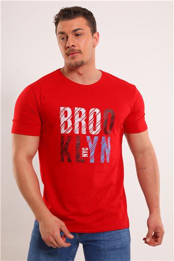 Erkek Bisiklet Yaka Brooklyn Baskılı Tshirt Kırmızı 494640