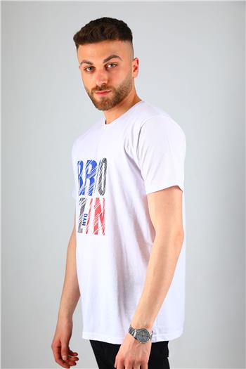 Erkek Bisiklet Yaka Brooklyn Baskılı T-shirt BeyazSaksmavisi 500091