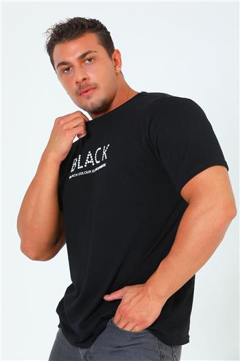 Erkek Bisiklet Yaka Ön Yazı Baskılı Likralı T-shirt Siyah 499585