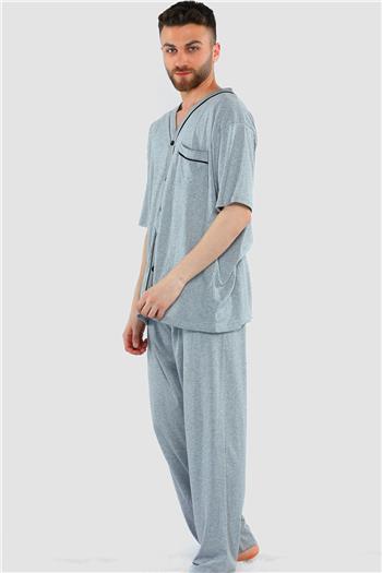 Erkek Ön Düğmeli Cep Detaylı Pijama Takımı Gri 499822
