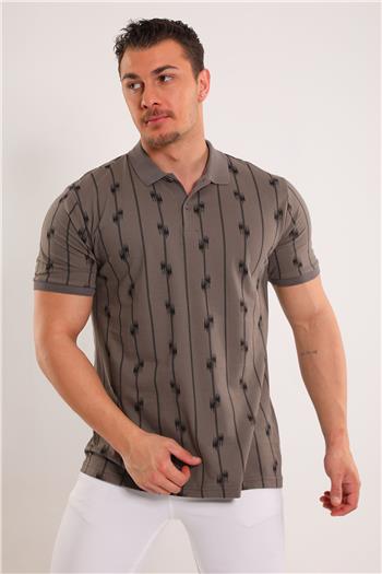 Erkek Polo Yaka Desenli Likralı T-shirt Vizon 494499