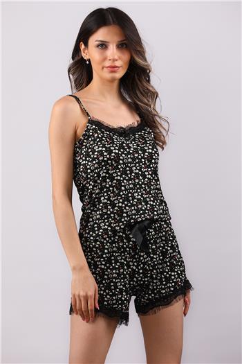 Kadın Askılı Desenli Şortlu Pijama Takımı Siyah 499832