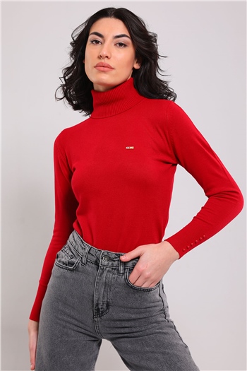 Kadın Balıkçı Yaka Bilek Boncuk Detaylı Triko Bluz Kırmızı 493116