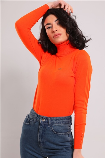 Kadın Balıkçı Yaka Bilek Boncuk Detaylı Triko Bluz Orange 493120