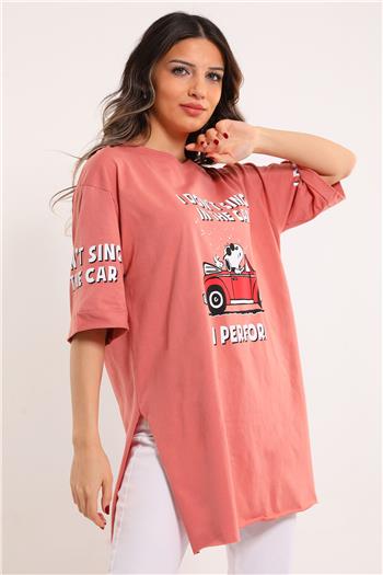 Kadın Baskılı Yan Yırtmaçlı T-shirt GülKurusu 494001